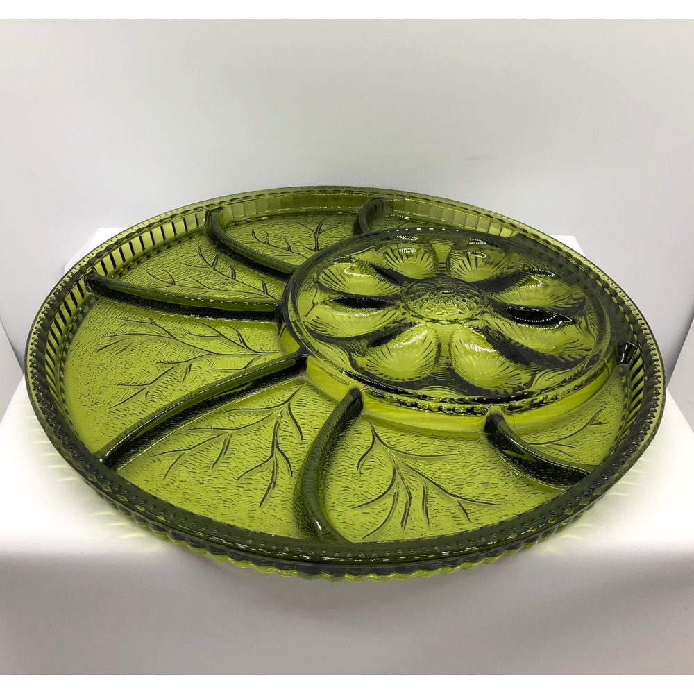 Vintage Green Glass Deviled Egg Relish Tray Leaf Pattern Serving Platter 13 Inch